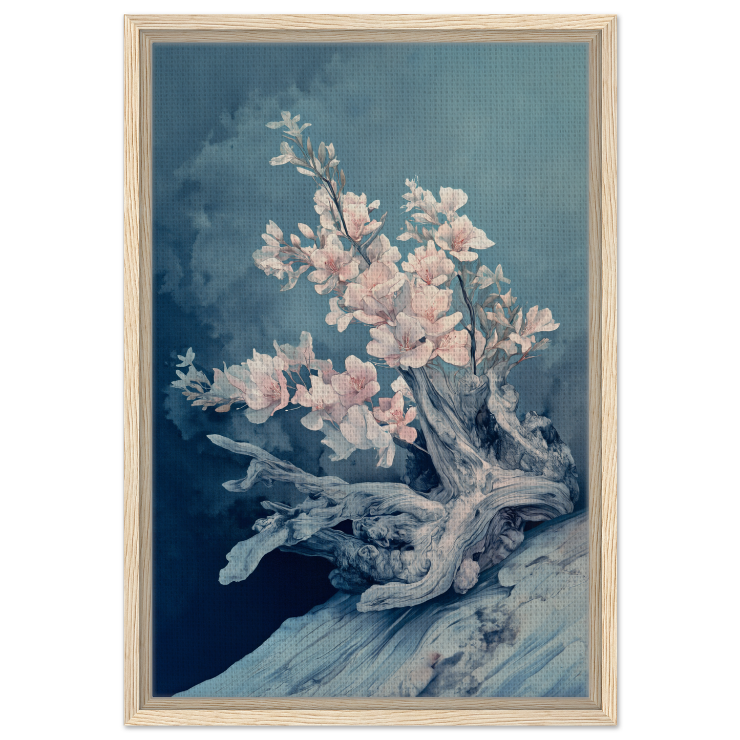 Delicate pink cherry blossom branch on a moody blue backdrop for Blue Bonsai Reverie framed canvas print