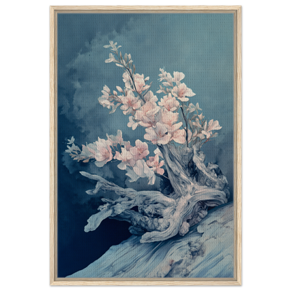 Delicate cherry blossom branch on driftwood for Blue Bonsai Reverie room decor