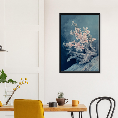 Framed canvas print of pink cherry blossoms in Blue Bonsai Reverie on moody blue background