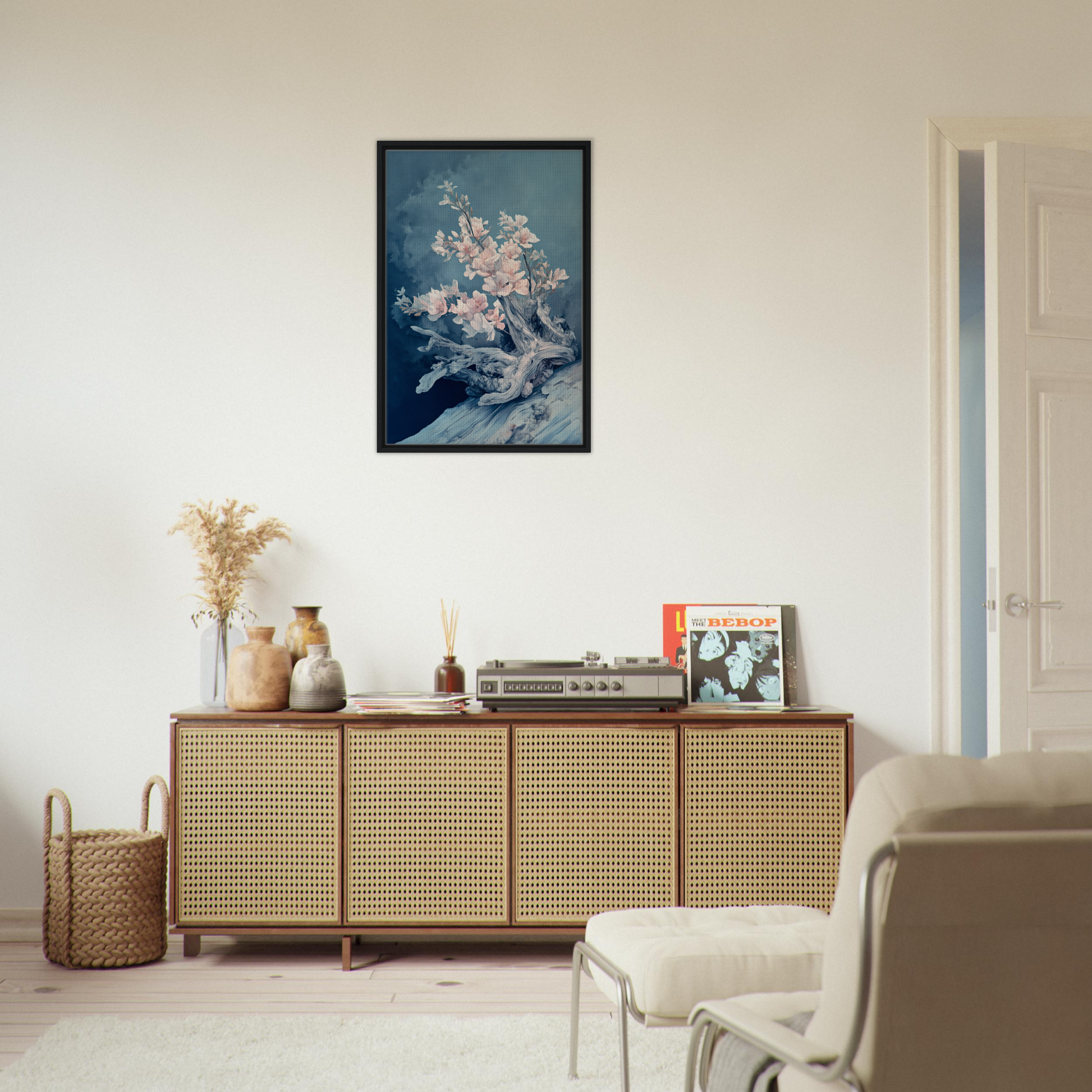 Wooden sideboard with cane-webbed doors enhancing Blue Bonsai Reverie room decor