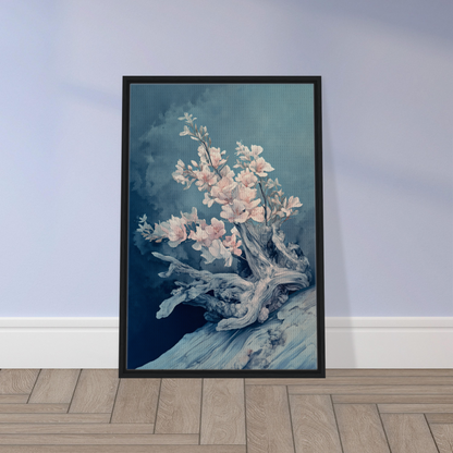 Framed painting of cherry blossoms on a gnarled tree branch for Blue Bonsai Reverie room decor