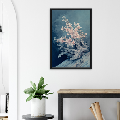 Framed canvas print of cherry blossoms in Blue Bonsai Reverie decorates Shopify Planet