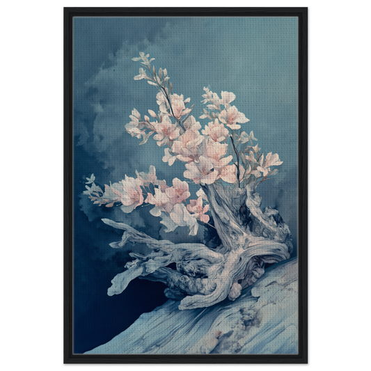 Delicate pink cherry blossoms blooming on driftwood branch in Blue Bonsai Reverie room decor