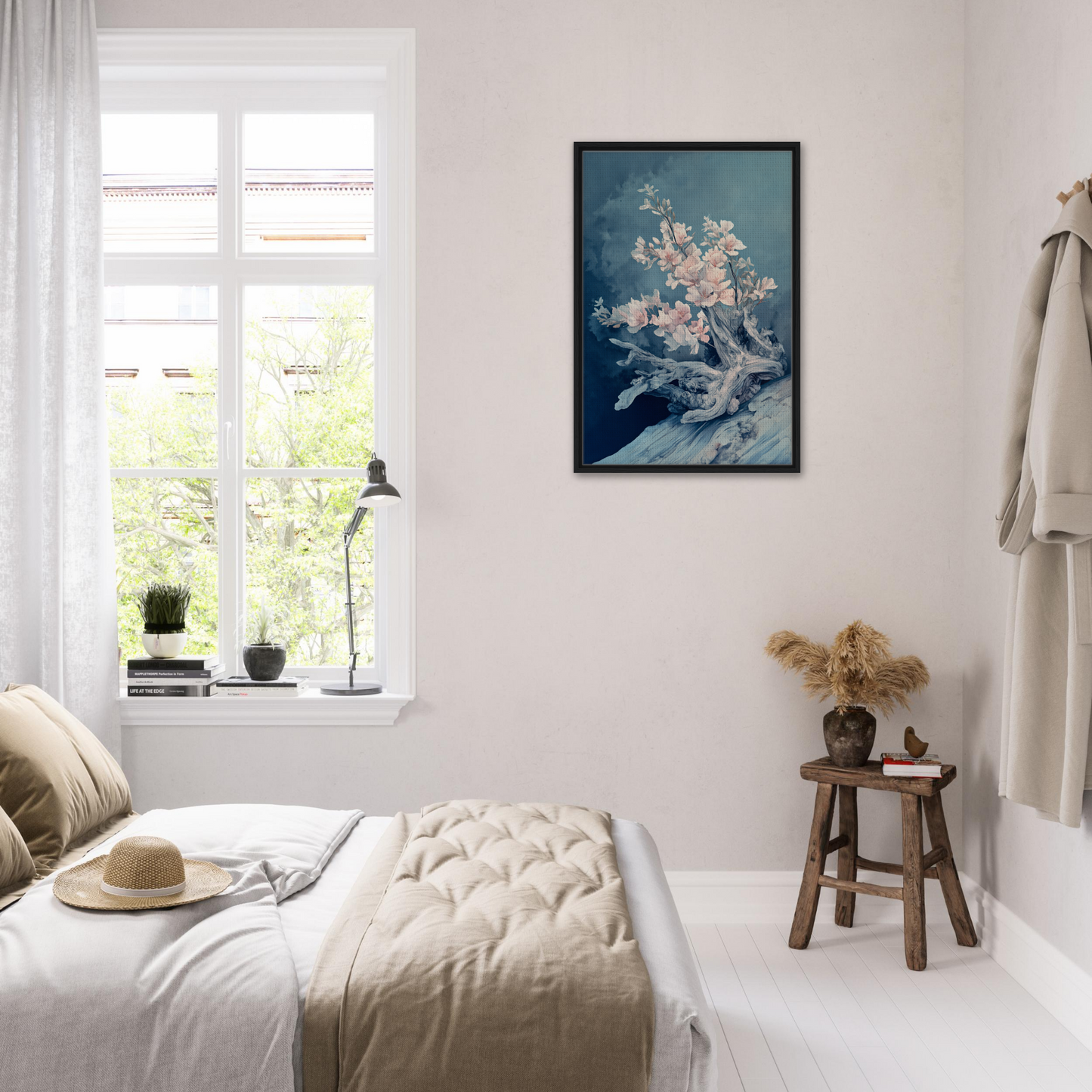 Serene bedroom featuring white decor and floral artwork from Blue Bonsai Reverie