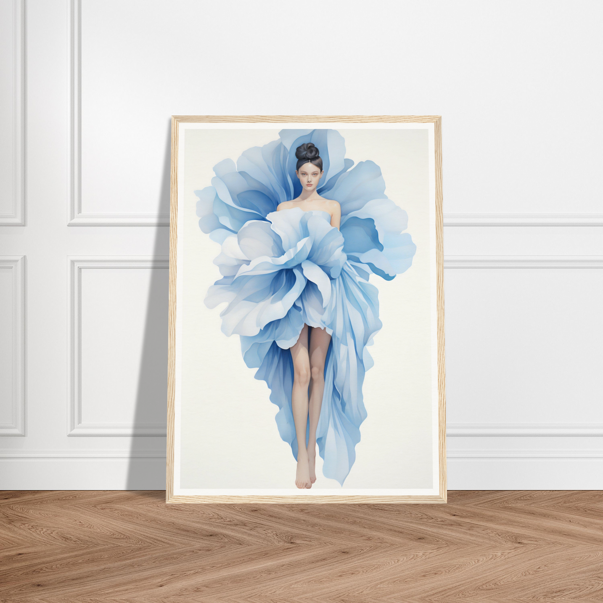 A blue flower print on a wooden frame