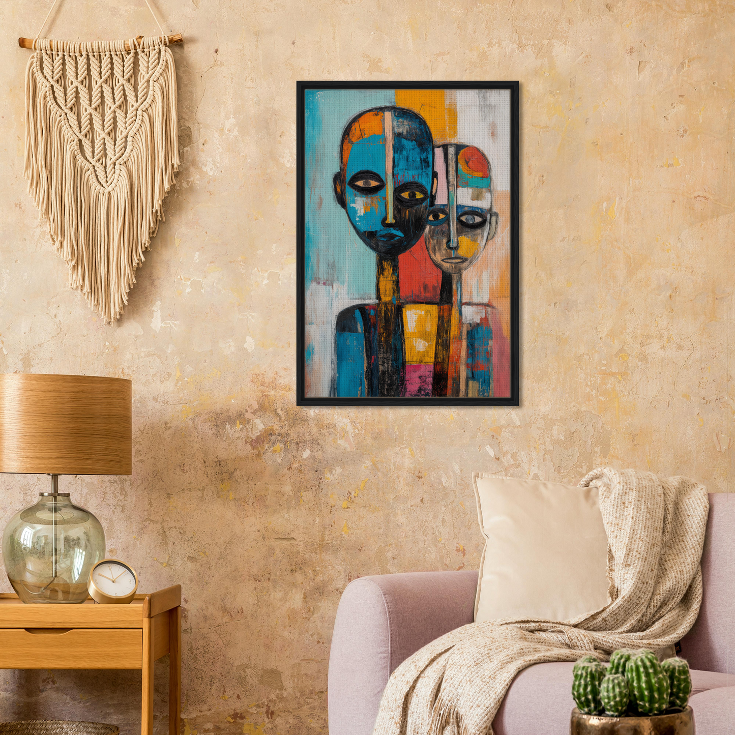 Abstract painting of two figures with geometric faces on a Blue Herrera Visage framed canvas print