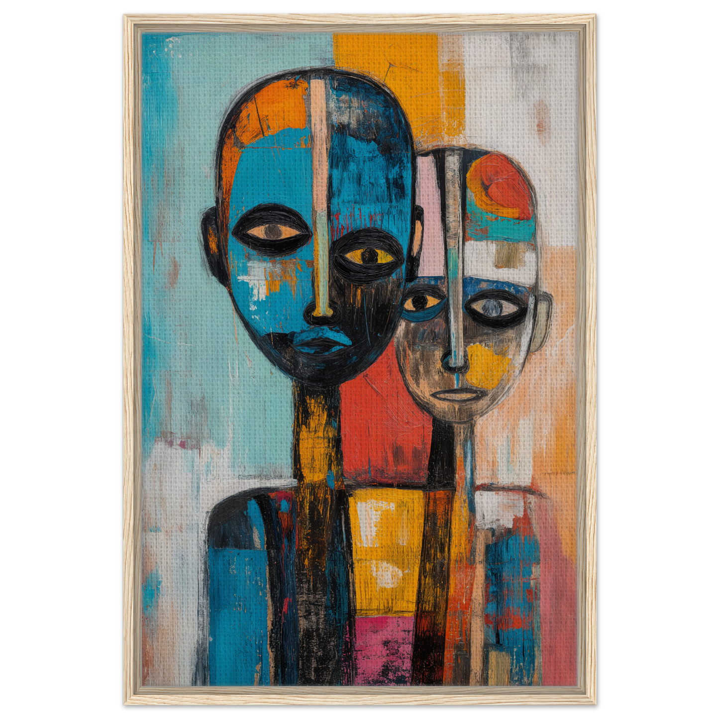 Abstract painting of two human figures with colorful geometric faces in Blue Herrera Visage