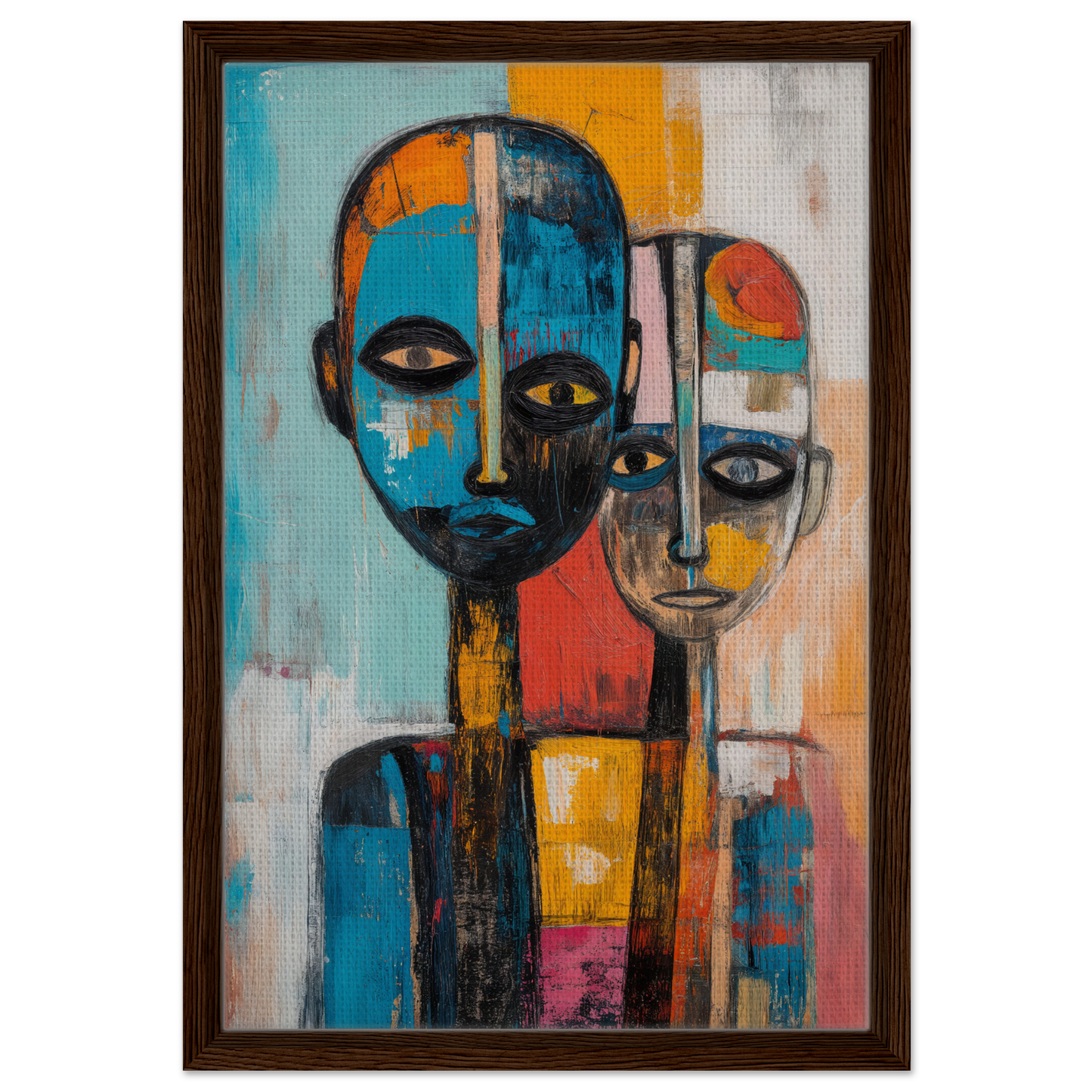 Abstract painting of two stylized figures with geometric faces in Blue Herrera Visage