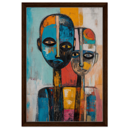 Abstract painting of two stylized figures with geometric faces in Blue Herrera Visage