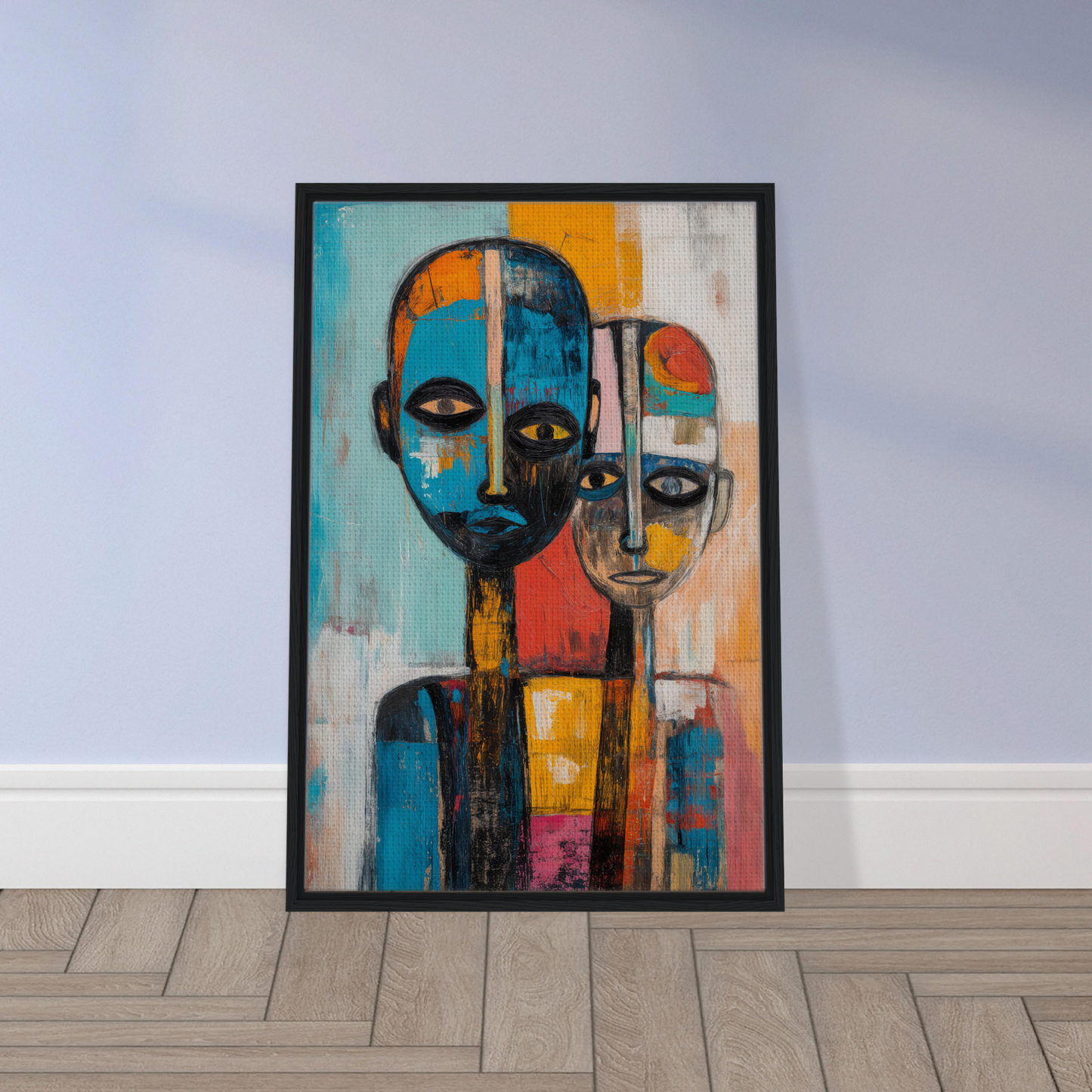 Framed abstract painting of stylized faces in vibrant colors for Blue Herrera Visage room decor