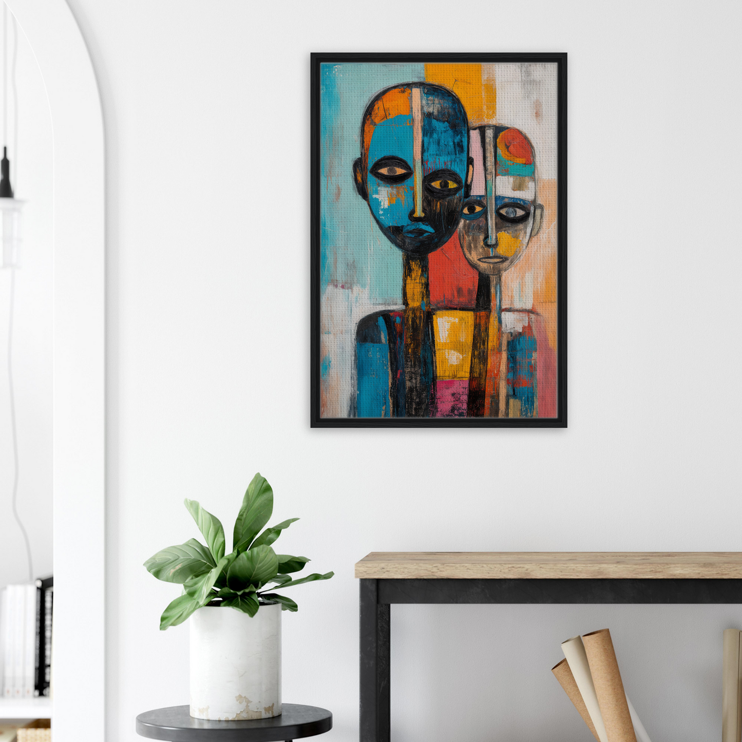 Abstract portrait painting with geometric shapes in Blue Herrera Visage framed canvas print