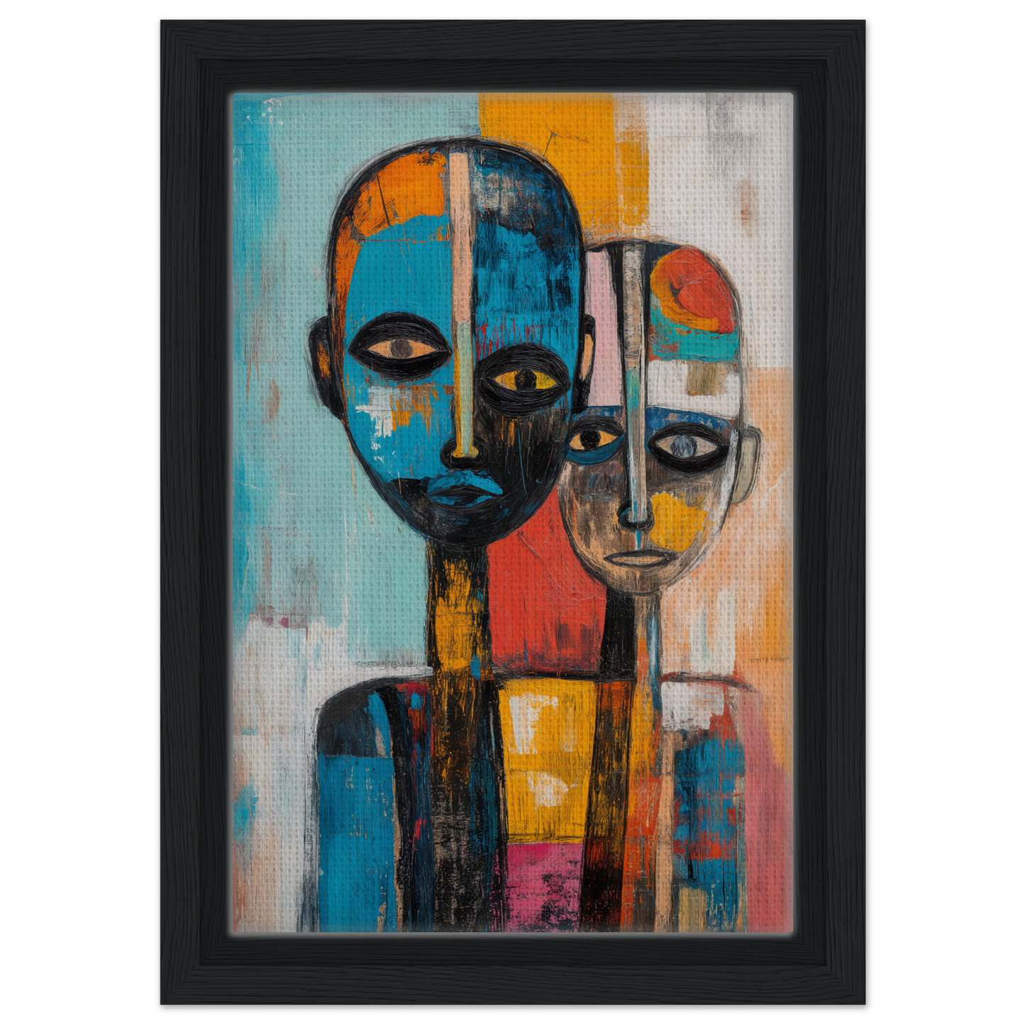 Abstract painting featuring stylized human figures in geometric patterns for Blue Herrera Visage room decor