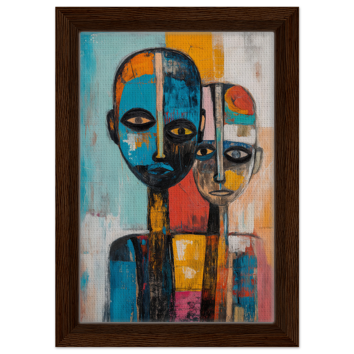 Abstract painting of stylized human figures in colorful geometric shapes for Blue Herrera Visage