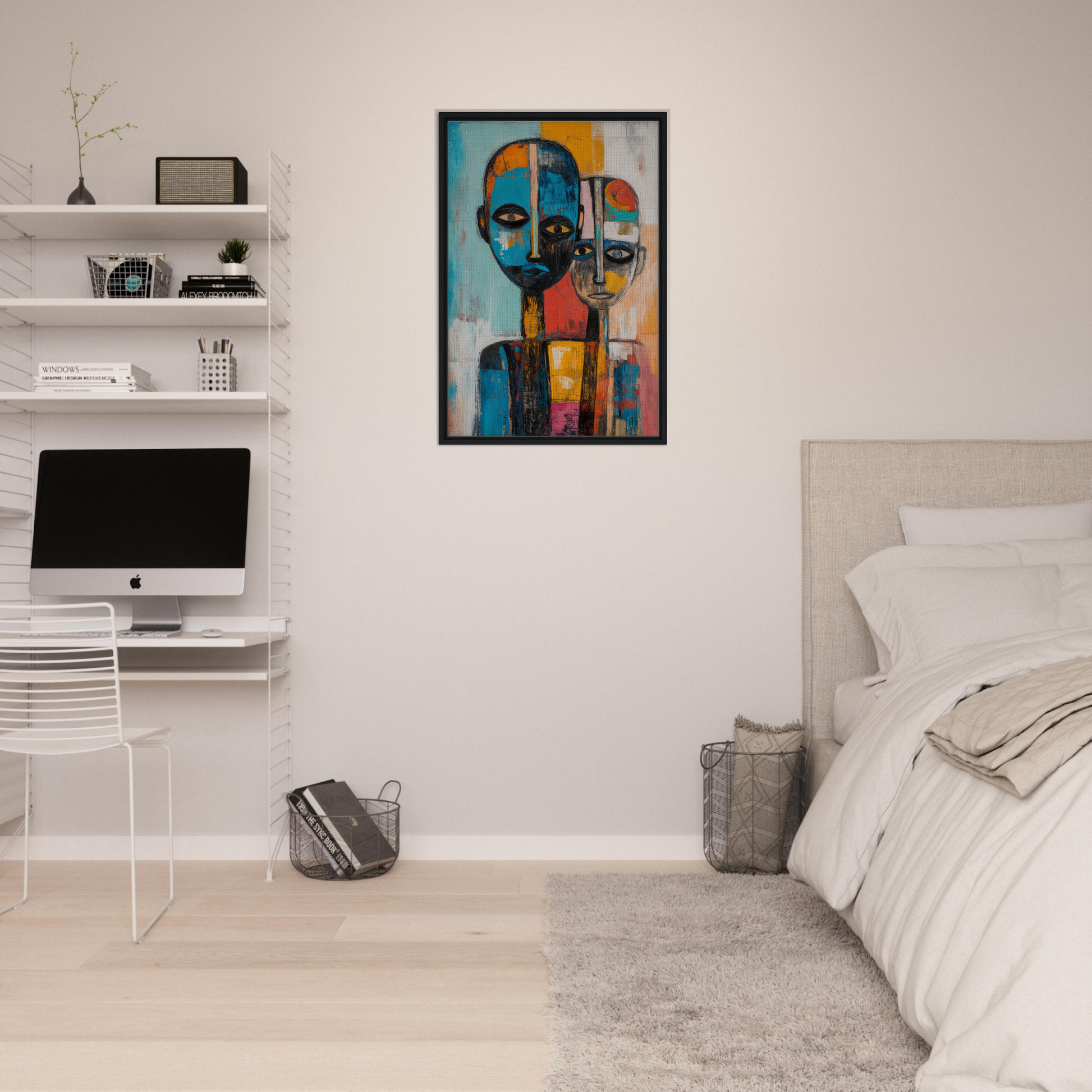 Colorful abstract portrait painting in black frame ideal for Blue Herrera Visage room decor