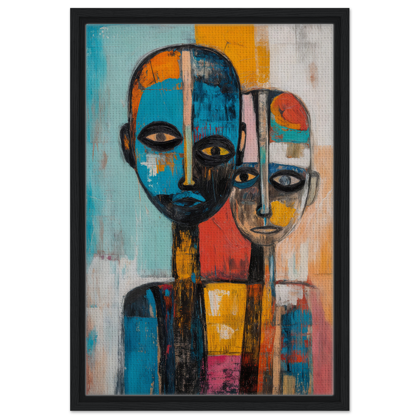 Abstract painting of two stylized figures with geometric faces for Blue Herrera Visage framed canvas print