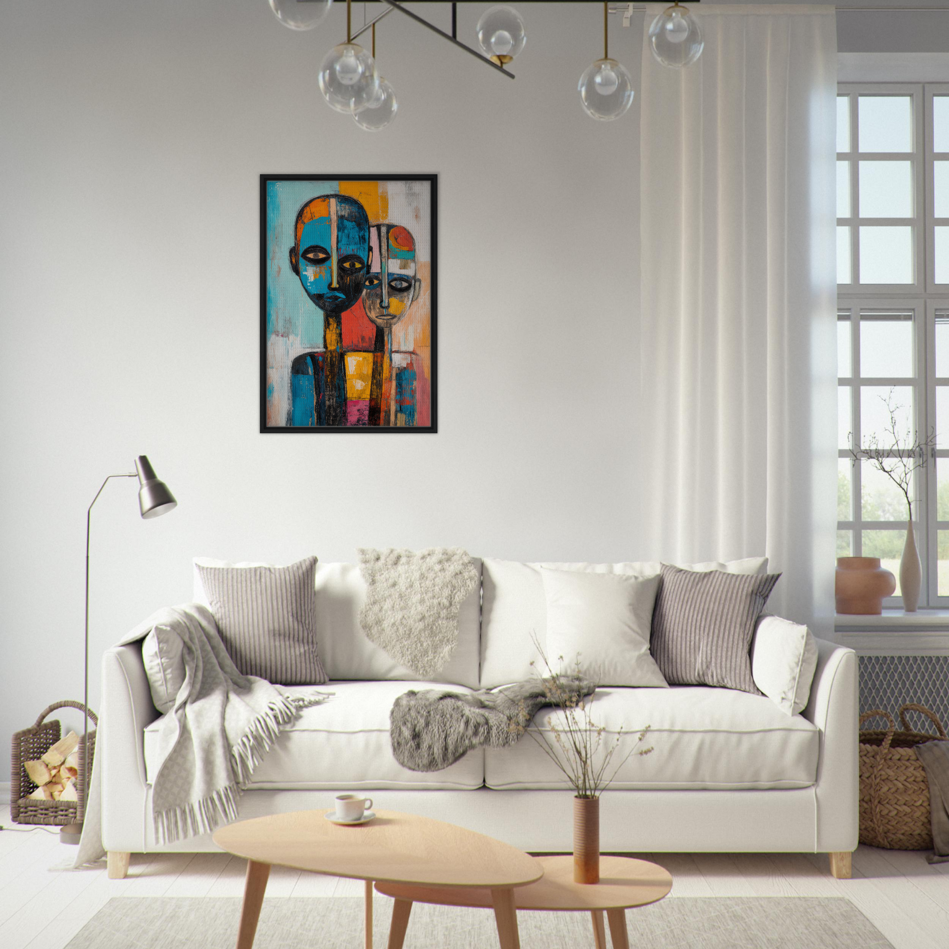 Colorful abstract portrait in black frame on white wall, featuring Blue Herrera Visage