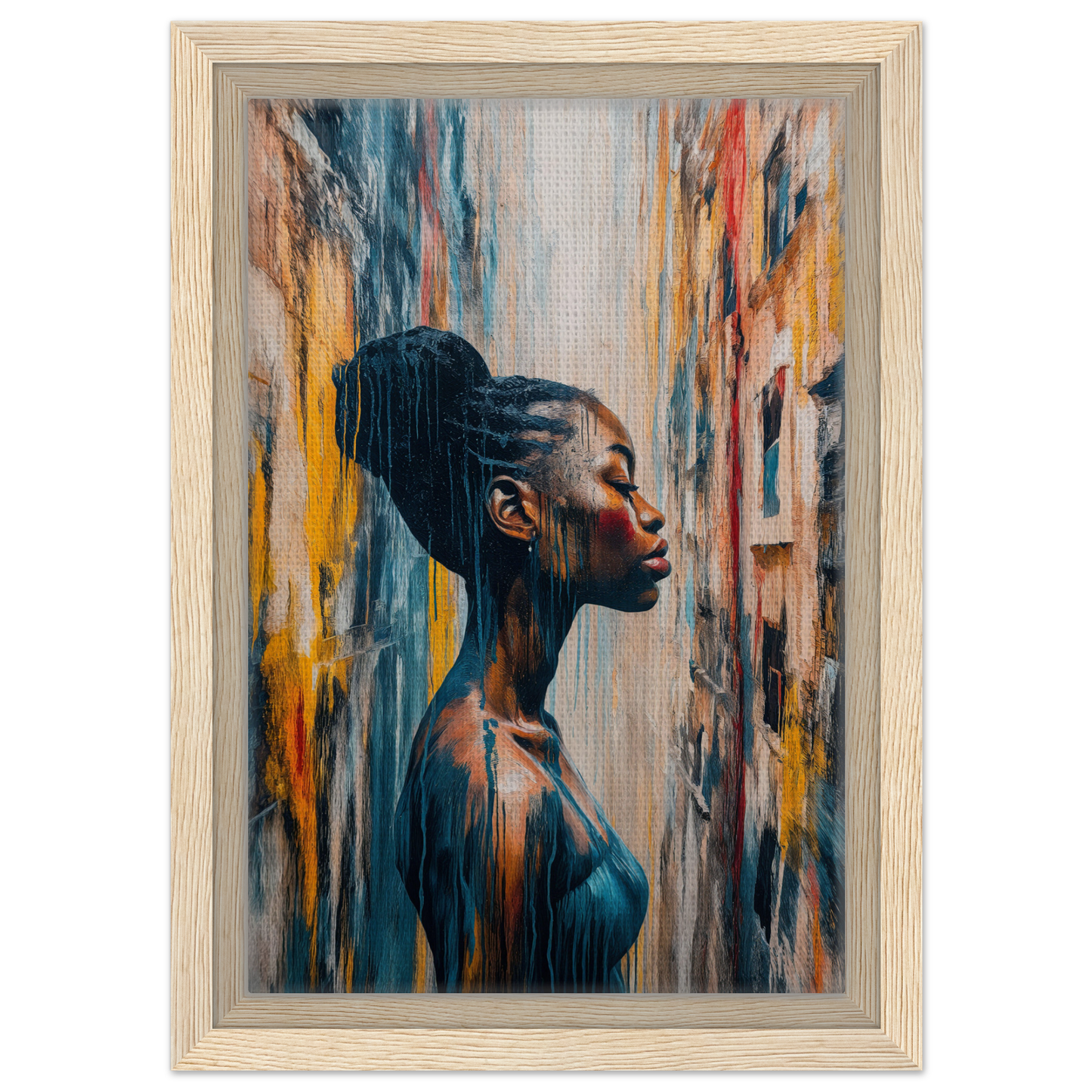 Portrait of a young Black woman with updo hairstyle, Blue Reflections Whirl canvas print