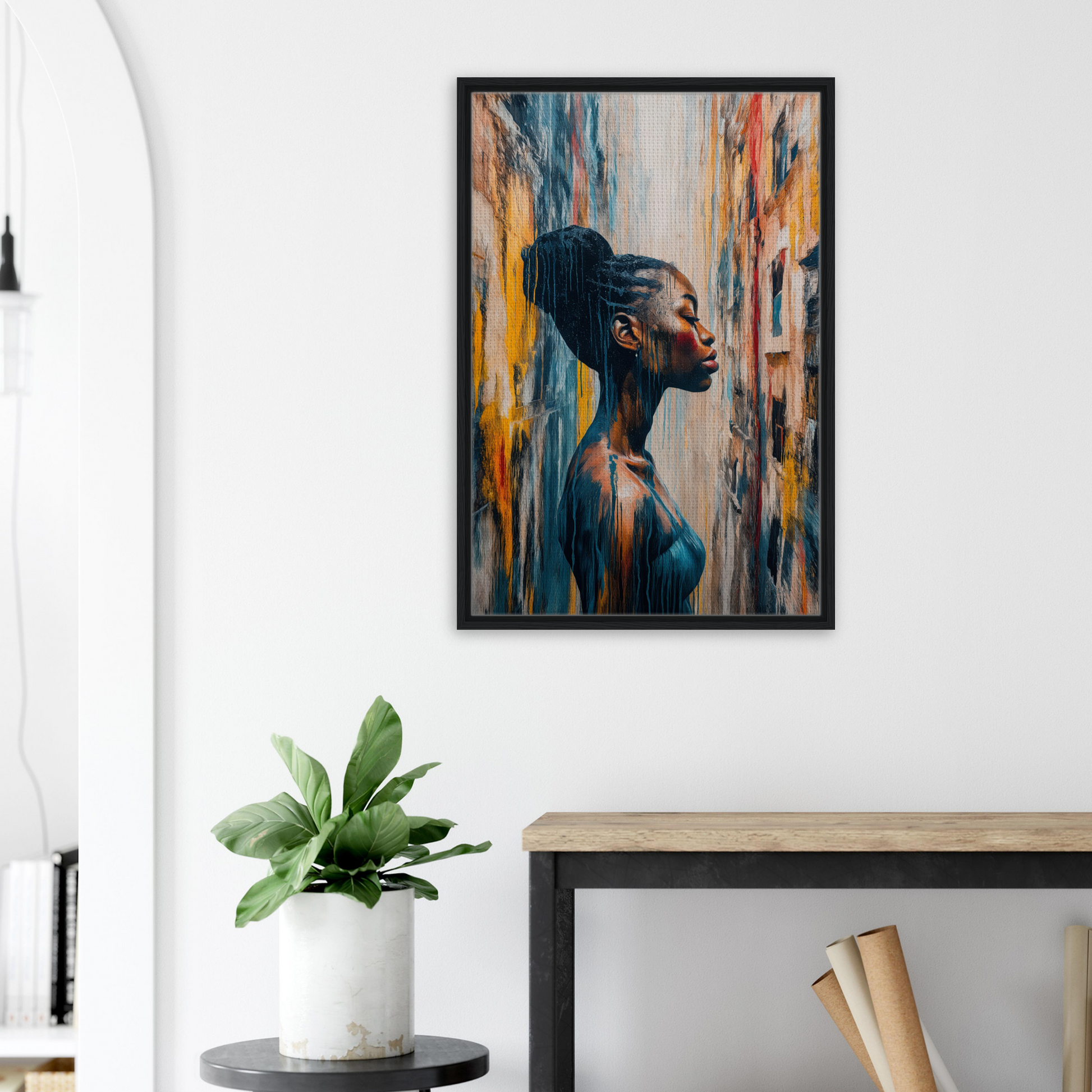 Colorful portrait painting of a woman in profile, featured in Blue Reflections Whirl room decor