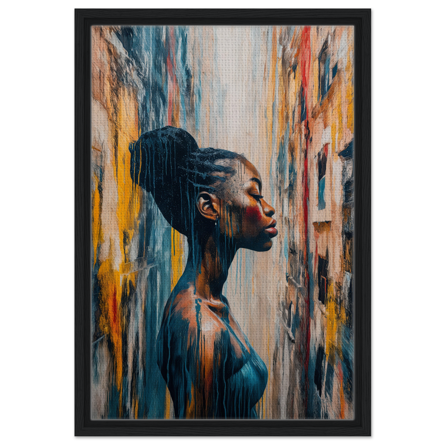 Portrait of a woman with an updo hairstyle against a colorful background, Blue Reflections Whirl