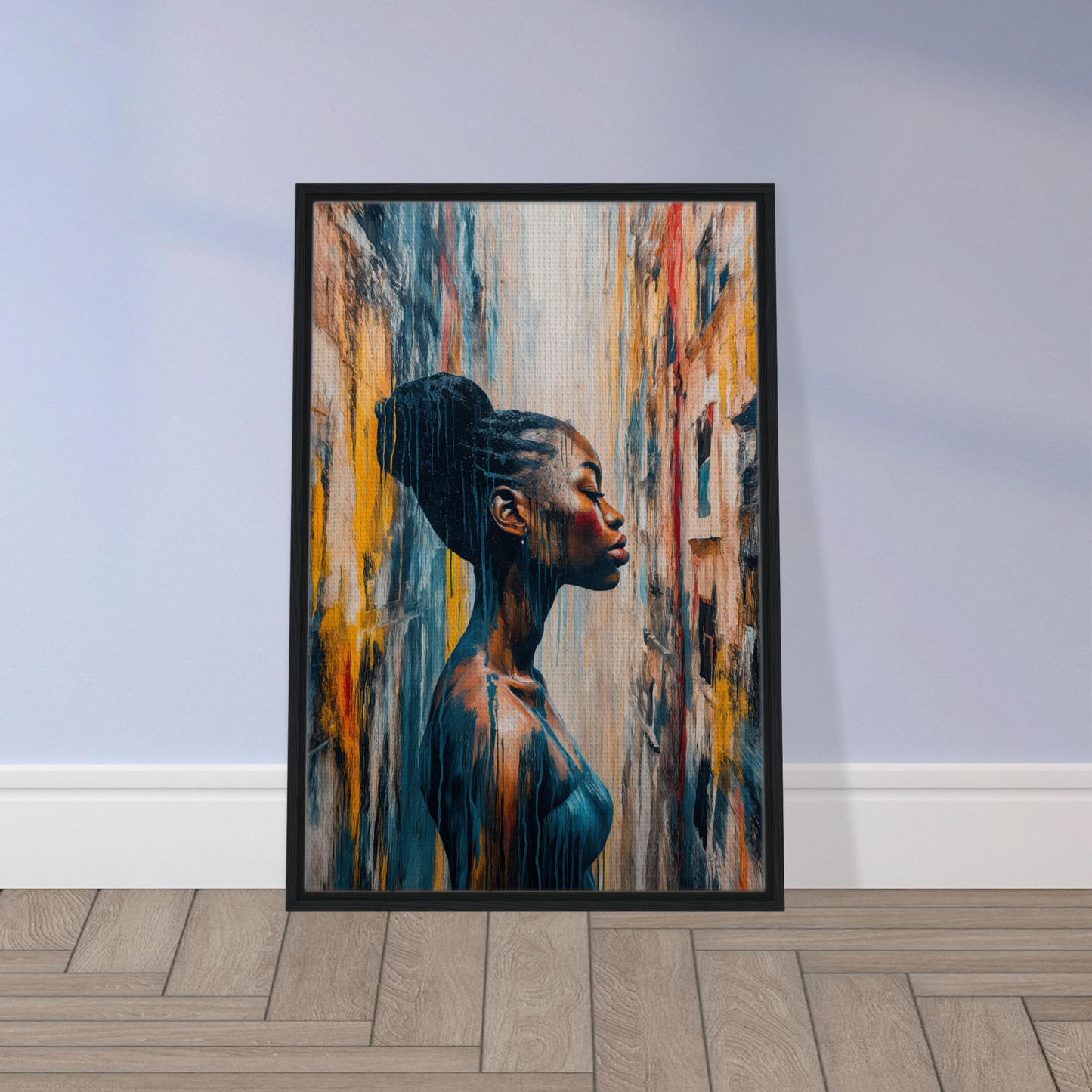 Framed portrait of a woman in an updo, Blue Reflections Whirl room decor artwork