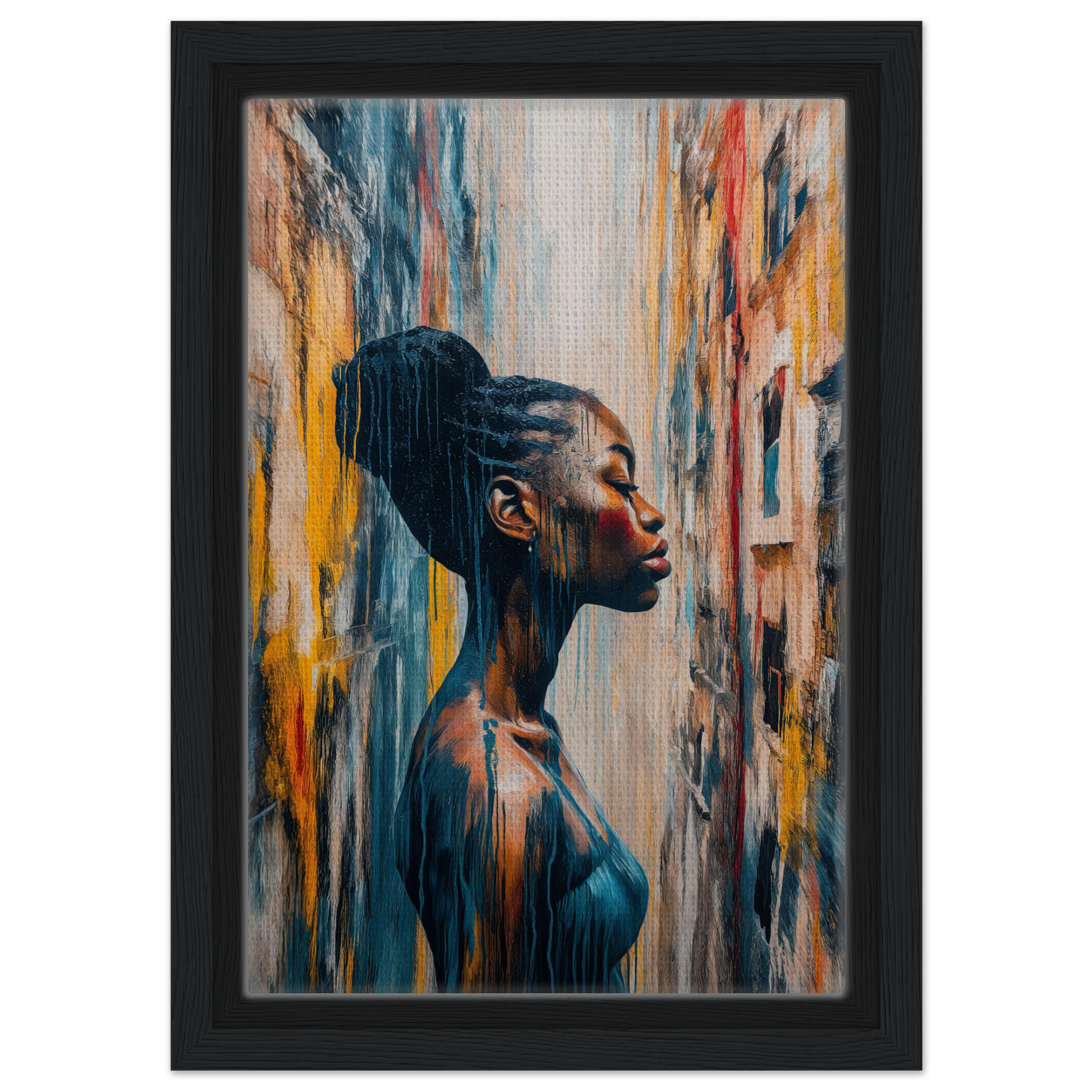 Portrait of a woman in profile with updo hairstyle against colorful background, Blue Reflections Whirl