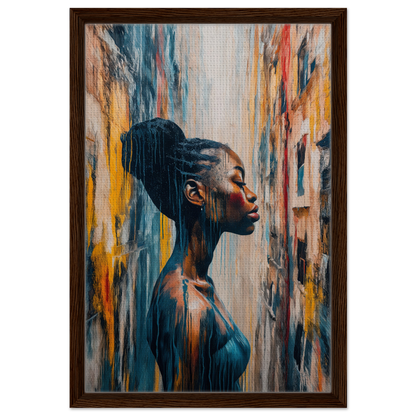 Portrait of a woman in profile with an updo against a colorful background for Blue Reflections Whirl