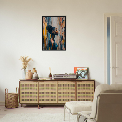 Wooden sideboard with cane-webbed doors and decorative items, Blue Reflections Whirl