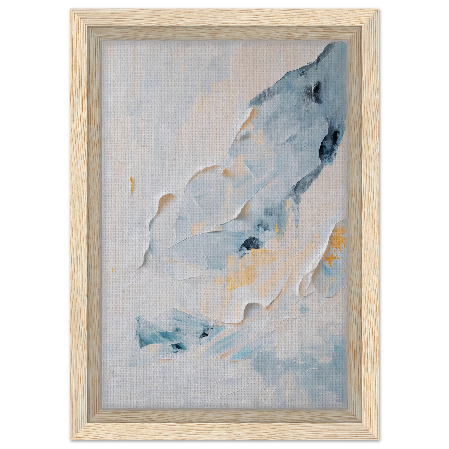 Framed canvas art titled Blue Serenity Whisper with soft blue, white, and yellow brushstrokes