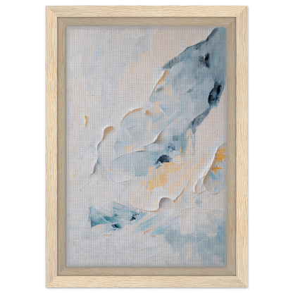 Framed canvas art titled Blue Serenity Whisper with soft blue, white, and yellow brushstrokes