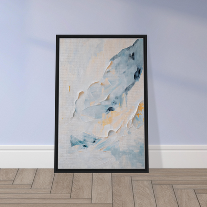 Framed canvas art titled Blue Serenity Whisper featuring soft blue and yellow brushstrokes