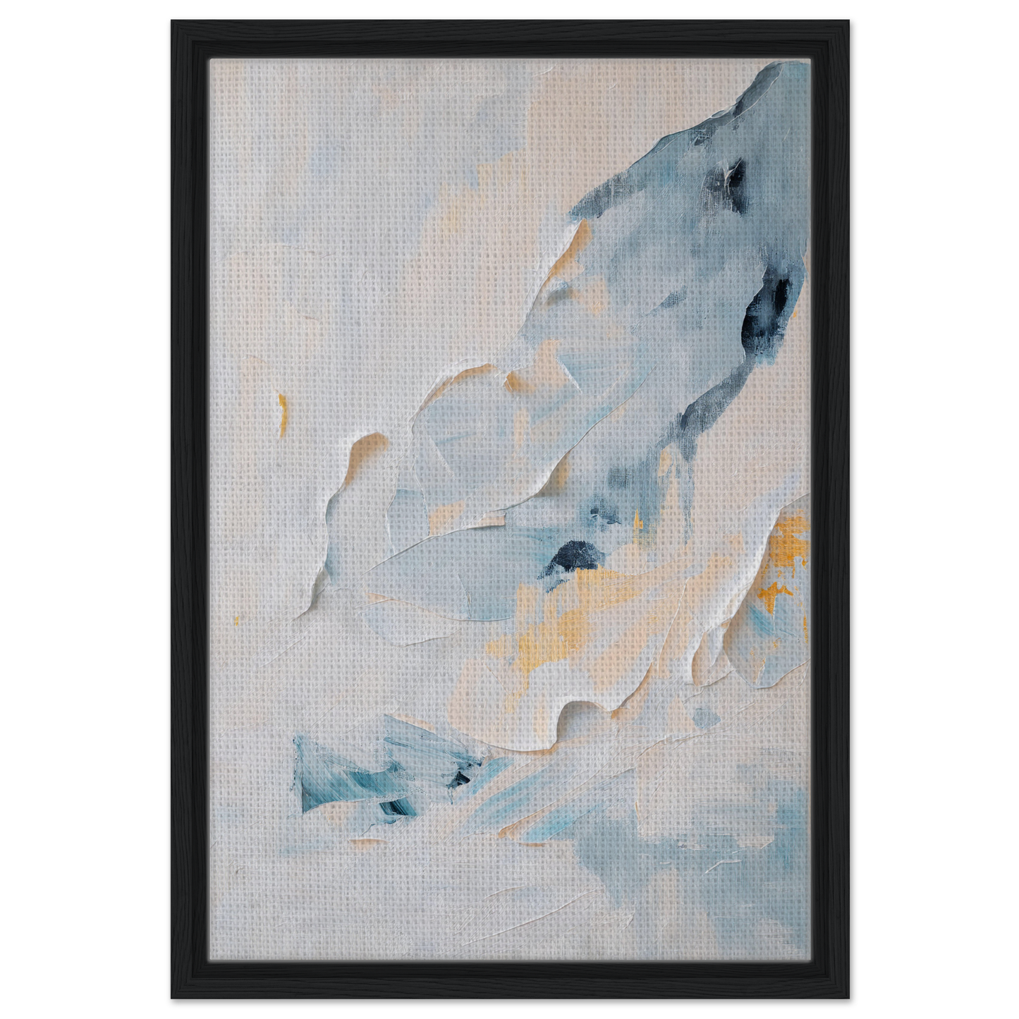 Abstract painting in soft blue and yellow shapes for Blue Serenity Whisper framed canvas art