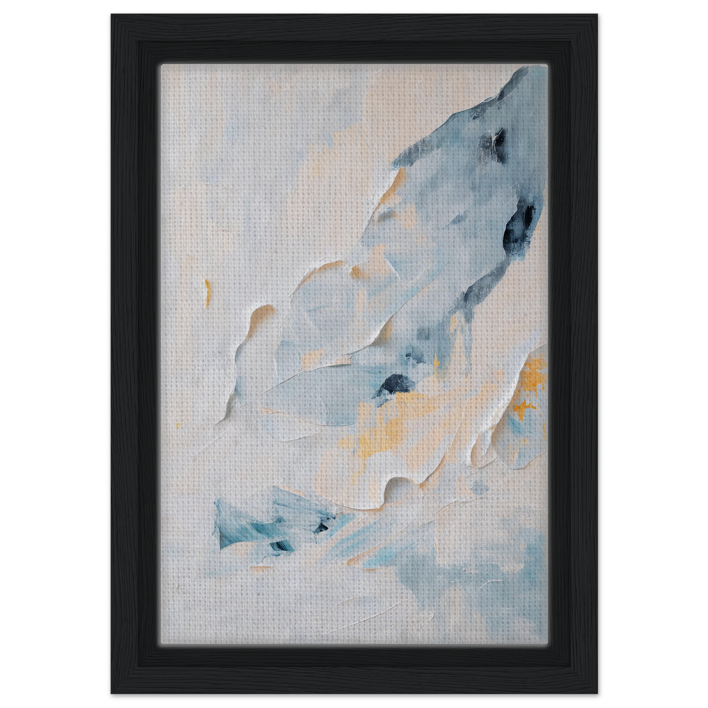 Abstract painting of soft blue, white, and yellow in Blue Serenity Whisper framed canvas art