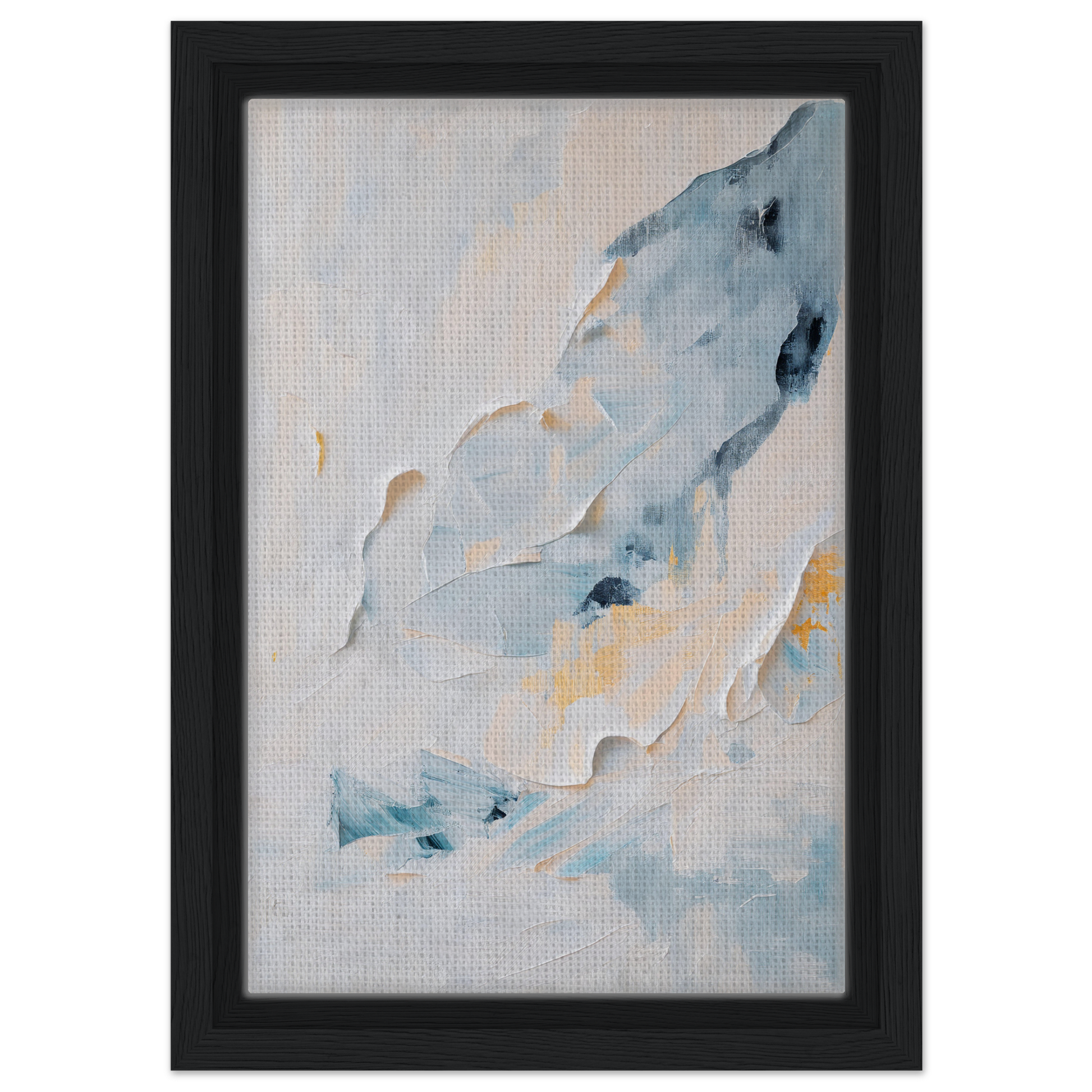 Abstract painting of soft blue, white, and yellow in Blue Serenity Whisper framed canvas art