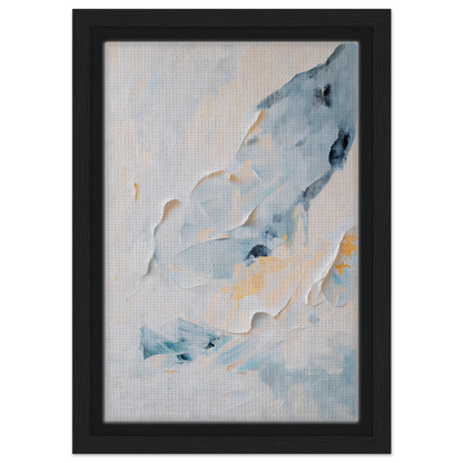 Abstract painting of soft blue, white, and yellow in Blue Serenity Whisper framed canvas art