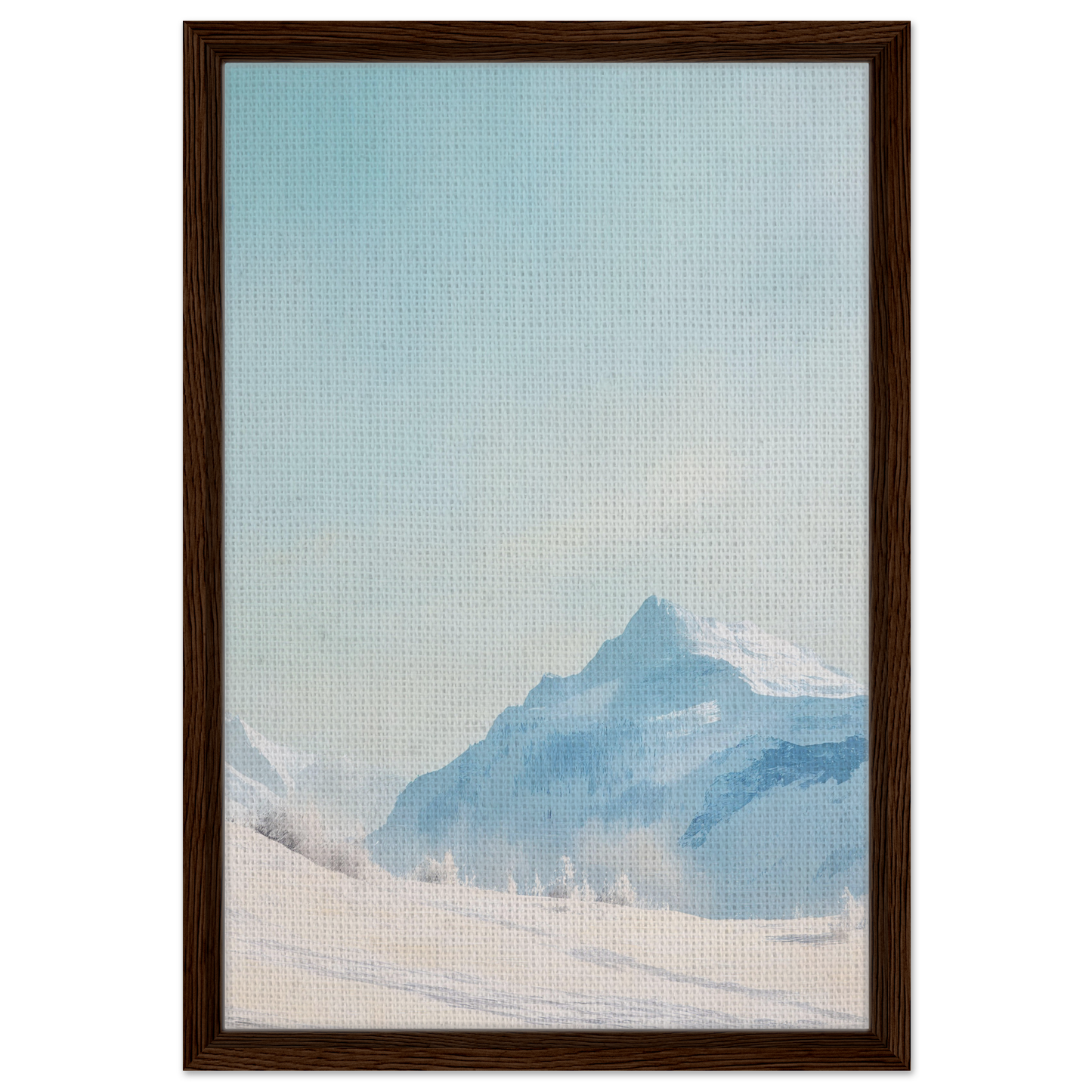 Framed painting of misty blue mountains enhances Blue Solitude Serenade room decor