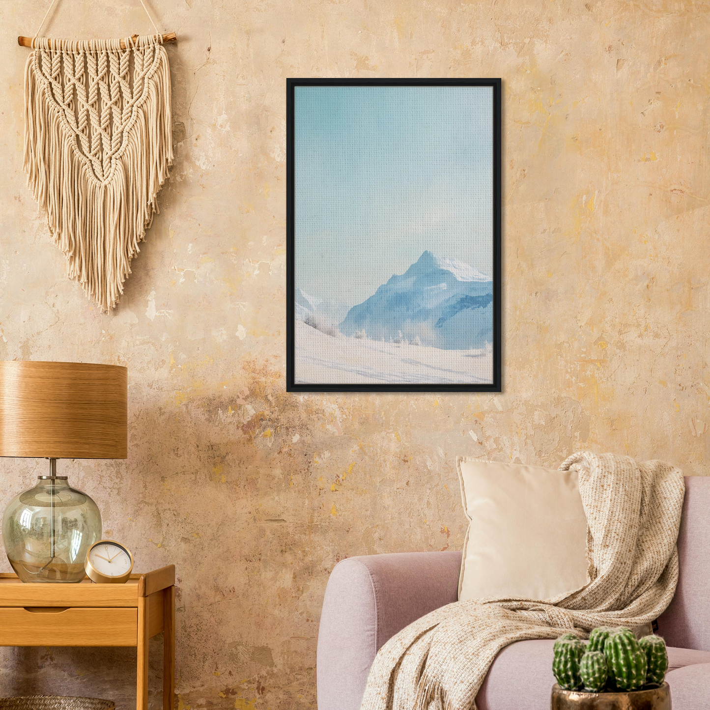 Framed canvas print of snow-covered mountain peak in Blue Solitude Serenade theme