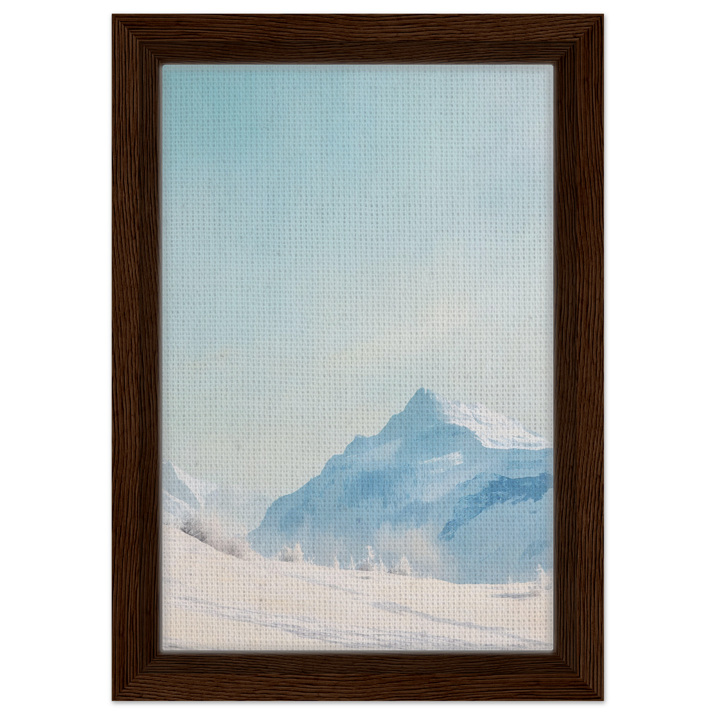 Framed canvas print of a misty mountain landscape in Blue Solitude Serenade design