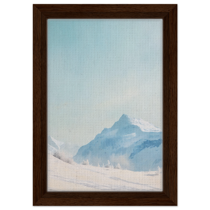 Framed canvas print of a misty mountain landscape in Blue Solitude Serenade design