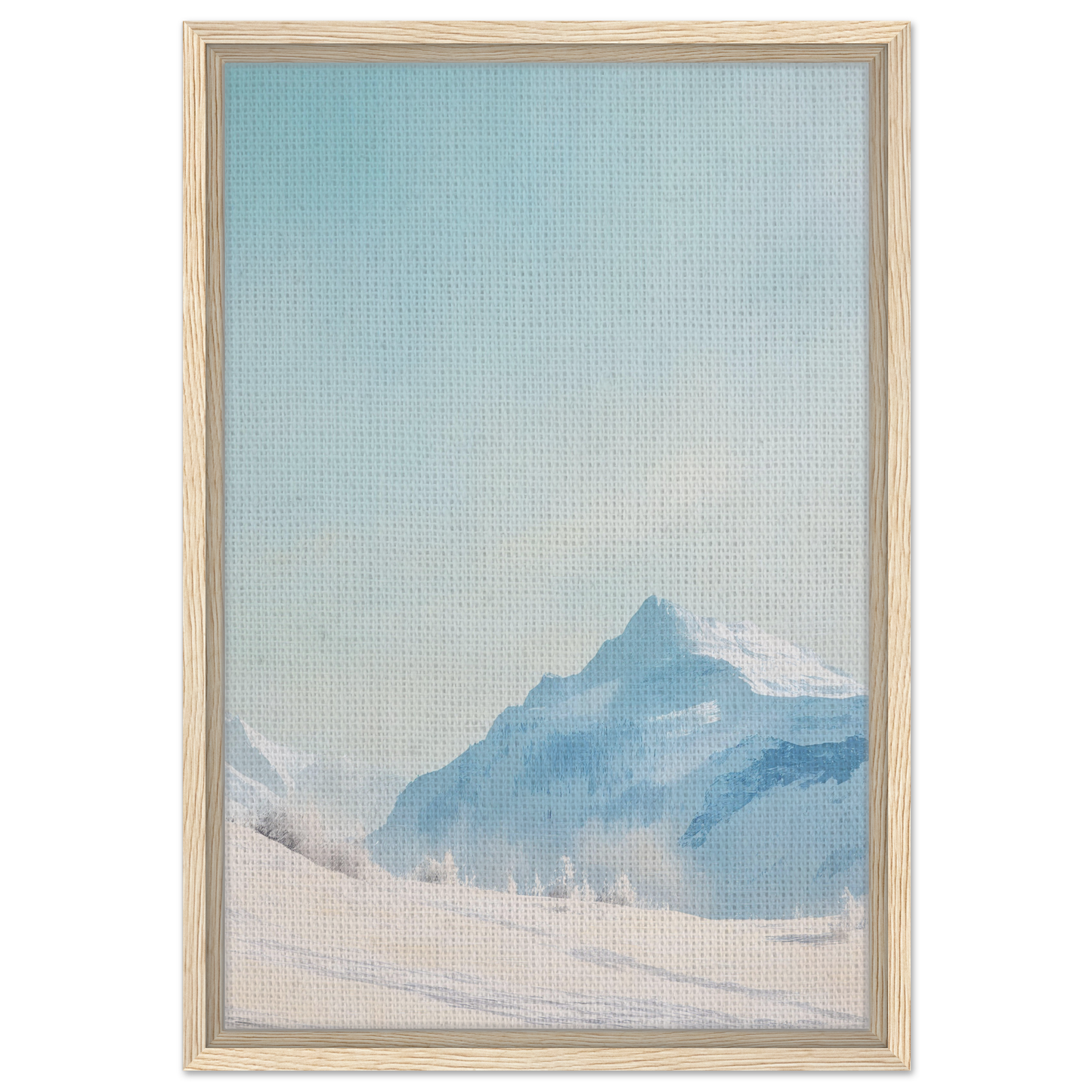 Framed painting of a misty mountain peak in soft blue tones, Blue Solitude Serenade room decor