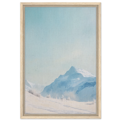 Framed painting of a misty mountain peak in soft blue tones, Blue Solitude Serenade room decor