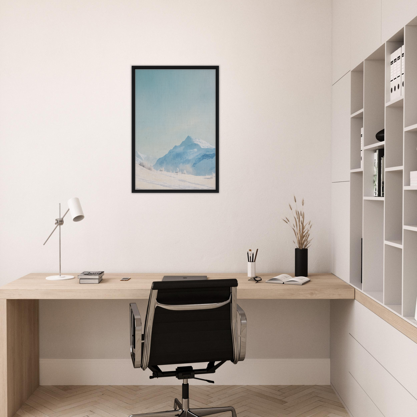 Minimalist home office featuring Blue Solitude Serenade room decor with wooden desk and chair