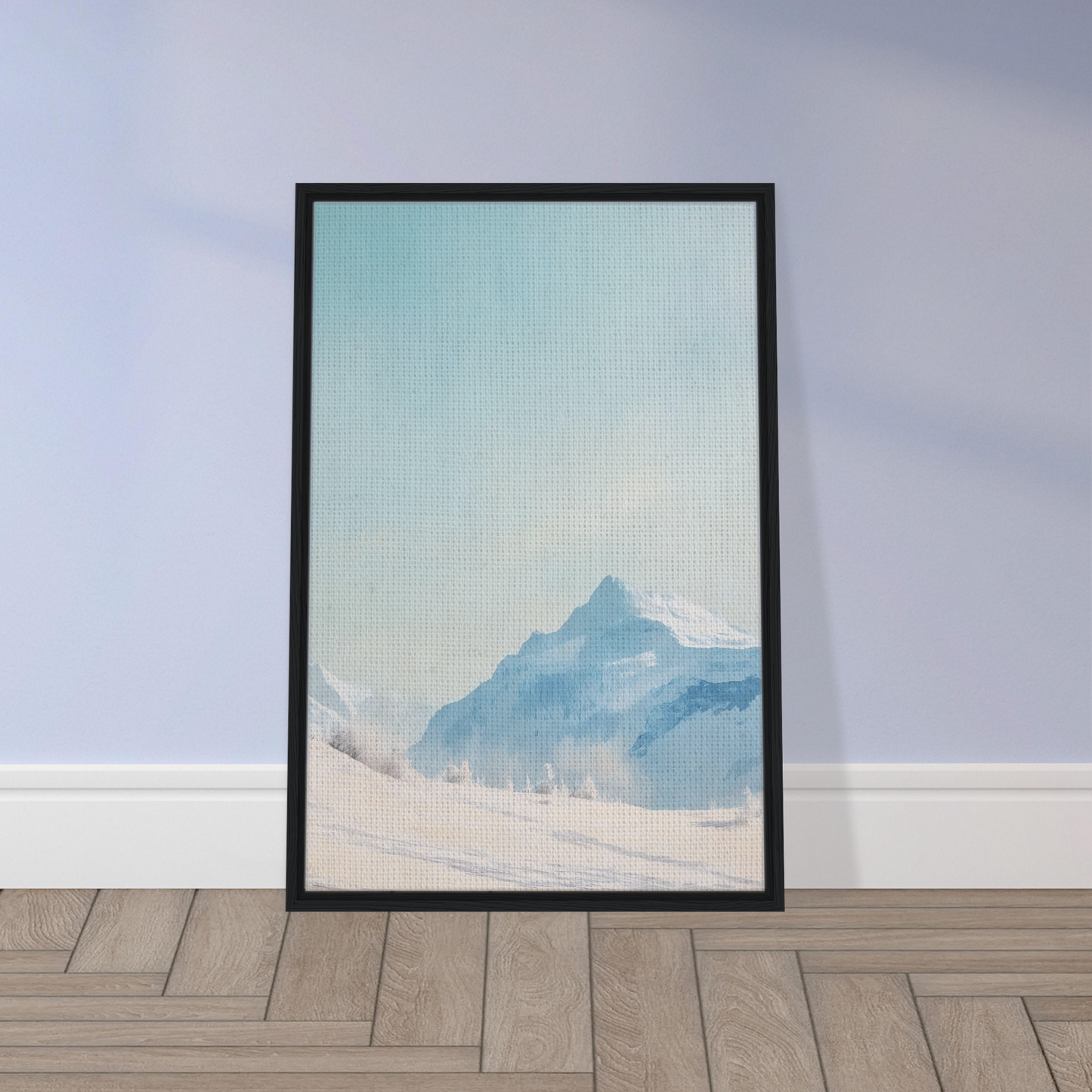 Framed canvas print of Blue Solitude Serenade featuring a minimalist mountain landscape