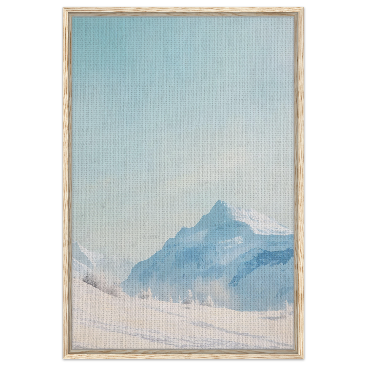 Framed painting of blue peaks in a snowy mountain landscape for Blue Solitude Serenade room decor