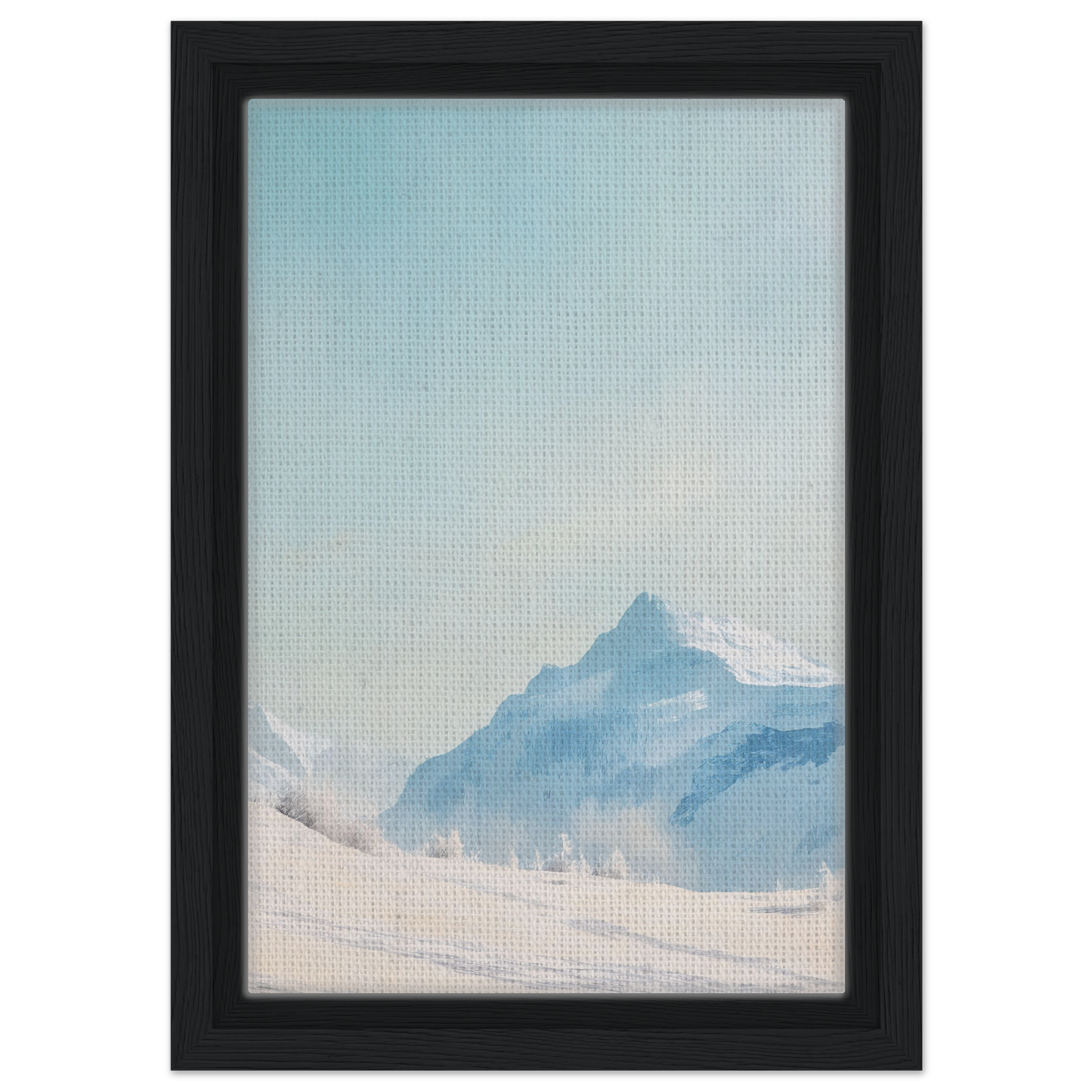 Framed canvas print of Blue Solitude Serenade featuring a misty mountain landscape