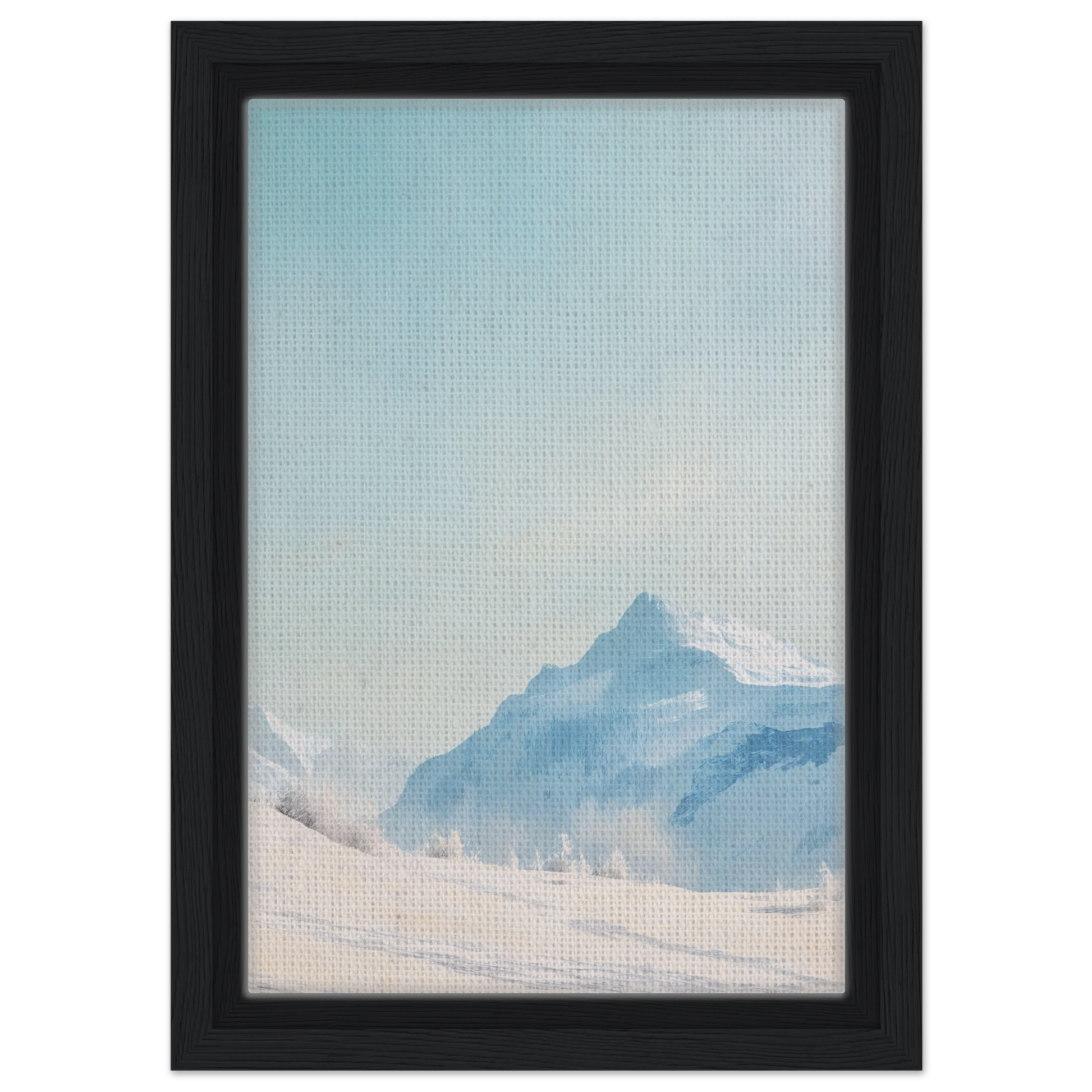 Framed canvas print of Blue Solitude Serenade featuring a misty mountain landscape