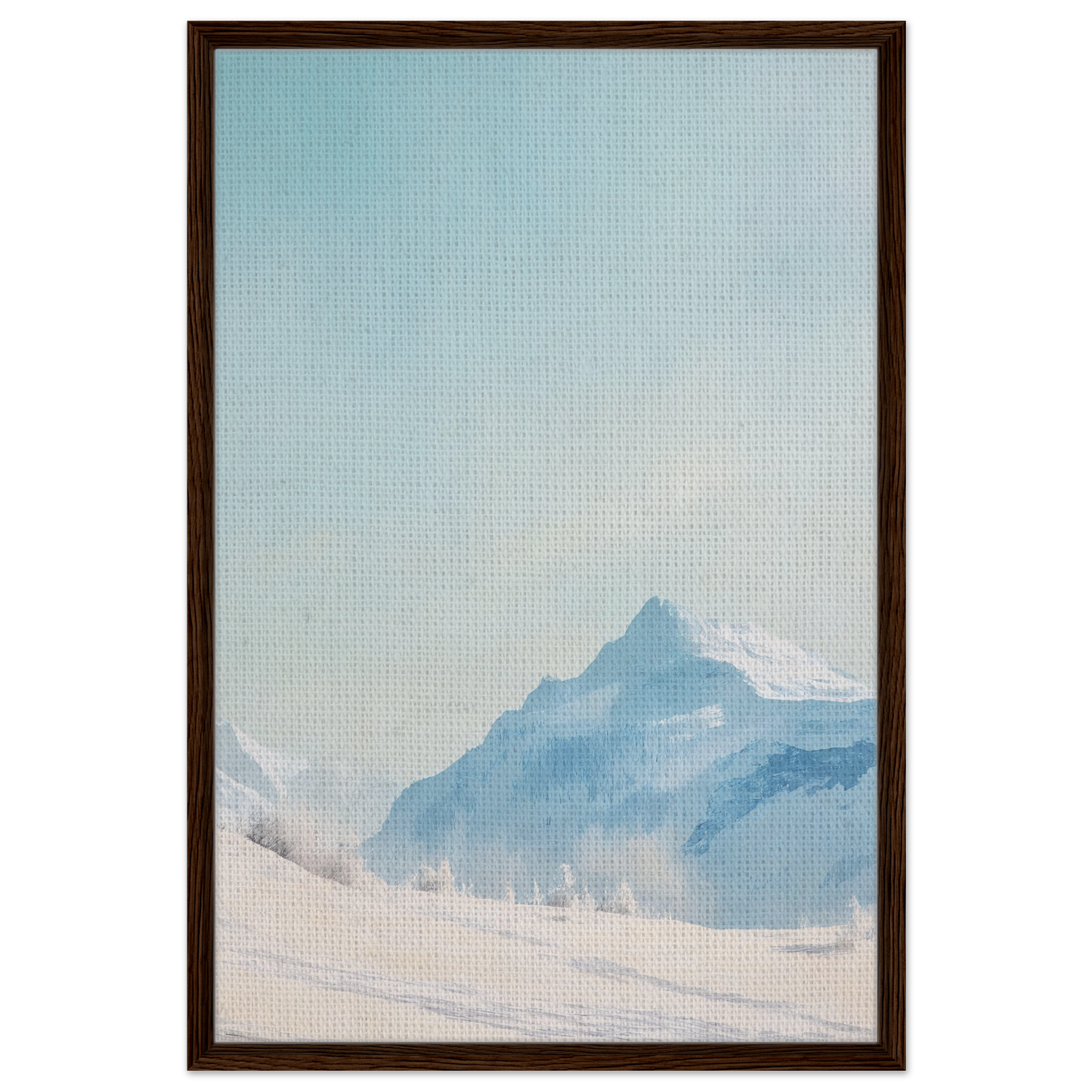 Framed painting of misty blue mountains for Blue Solitude Serenade room decor