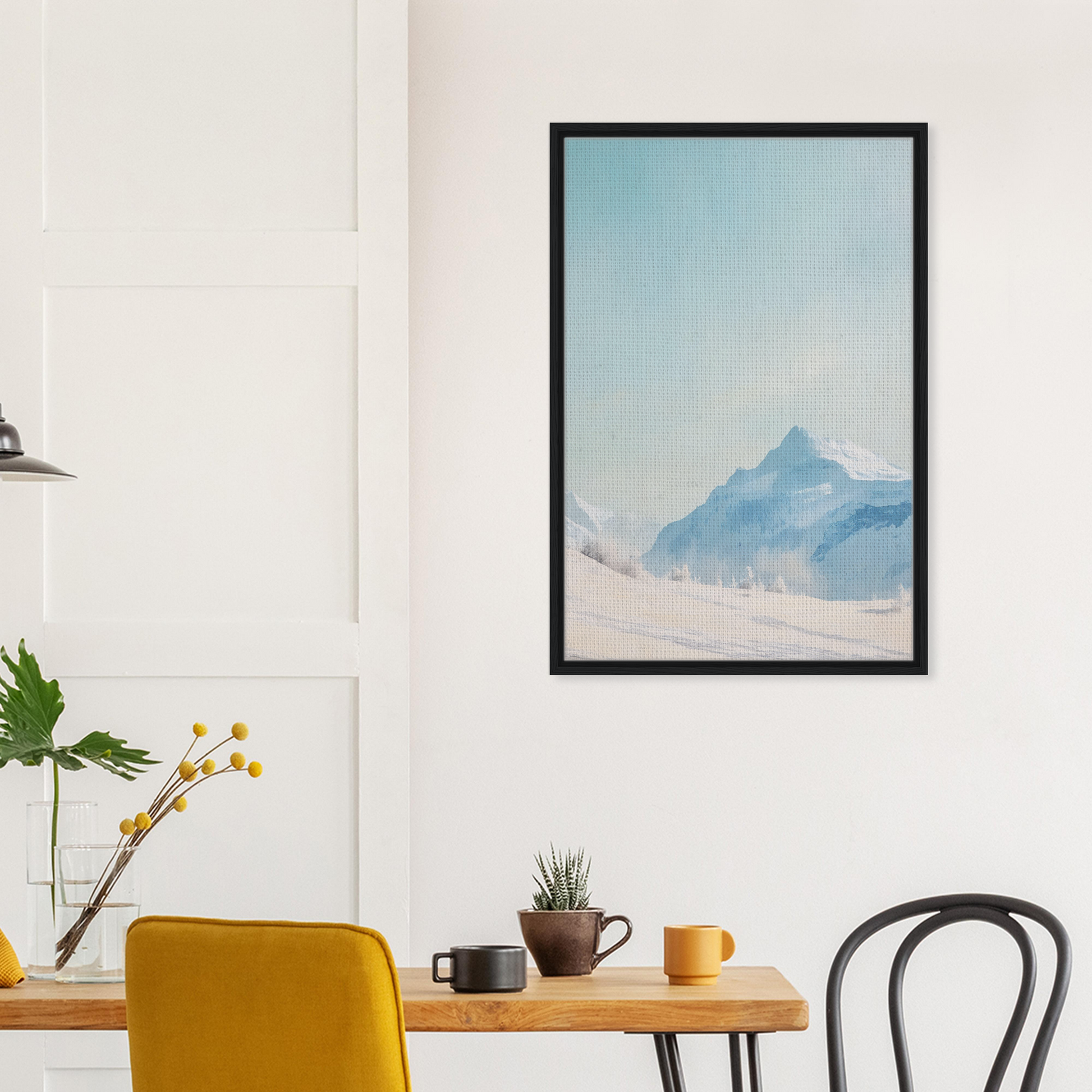 Framed canvas print of Blue Solitude Serenade featuring a misty mountain landscape