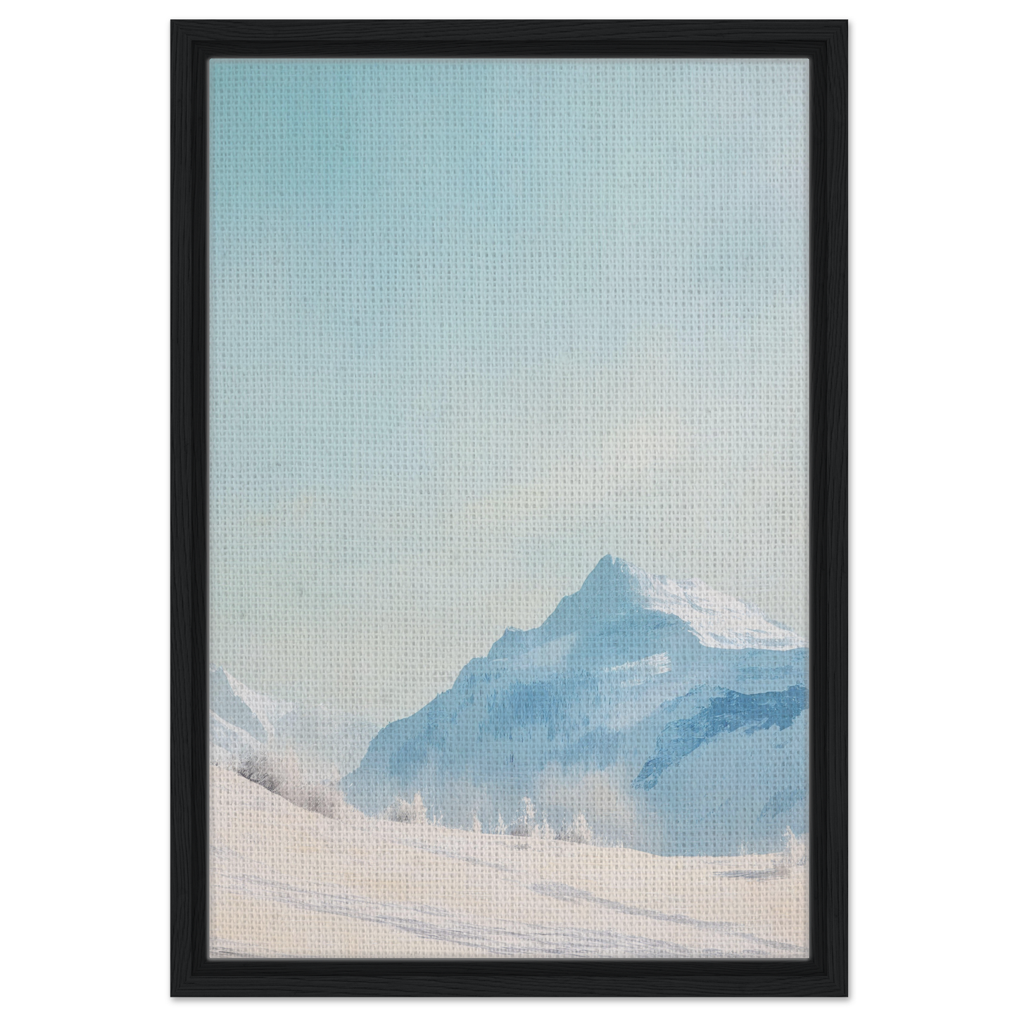 Framed Blue Solitude Serenade painting of a misty mountain landscape for stylish room decor