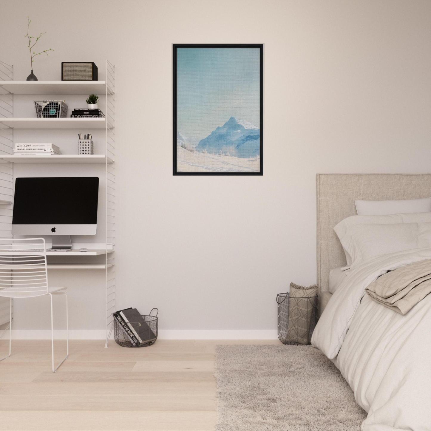 Minimalist bedroom featuring Blue Solitude Serenade framed canvas print and modern furnishings