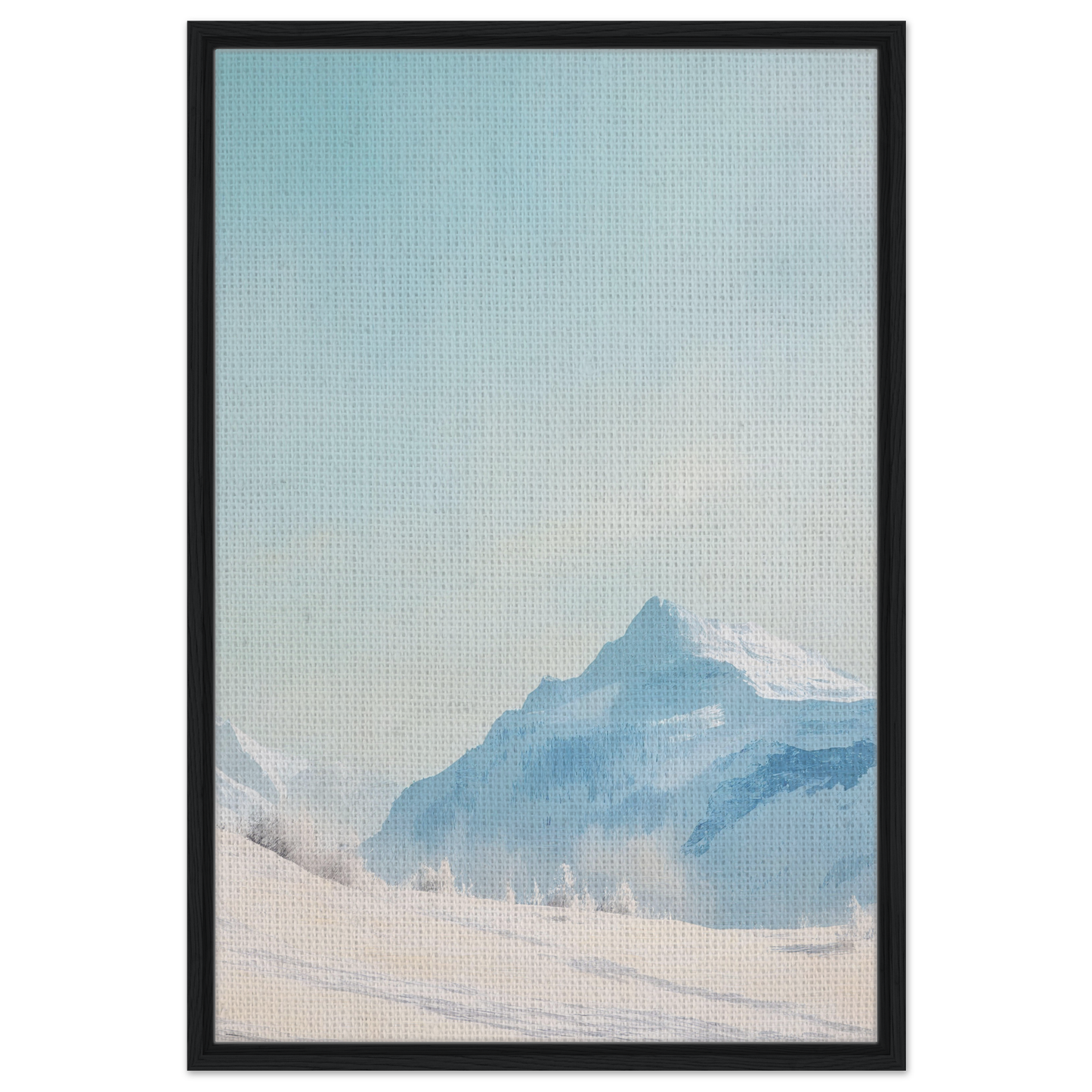 Framed canvas print of Blue Solitude Serenade featuring snow-covered mountains and blue sky